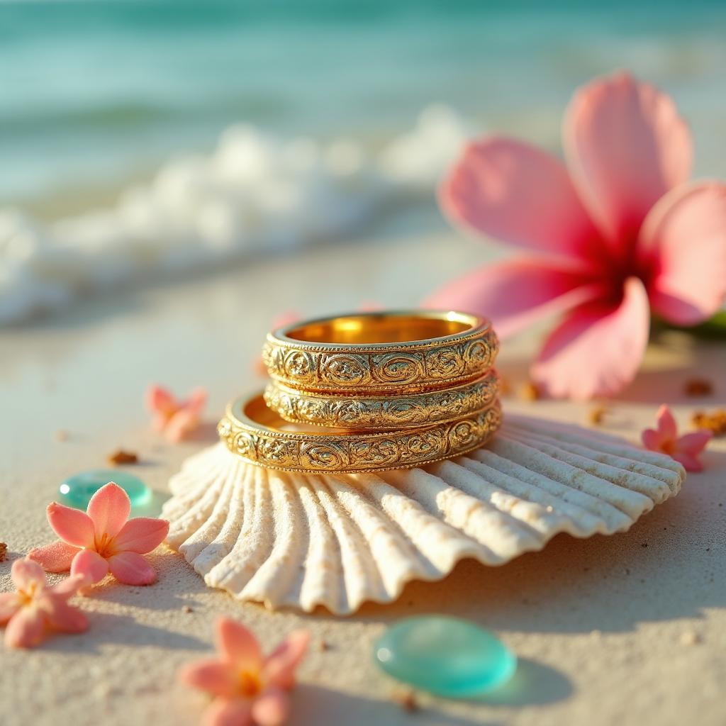 Wedding rings on seashell